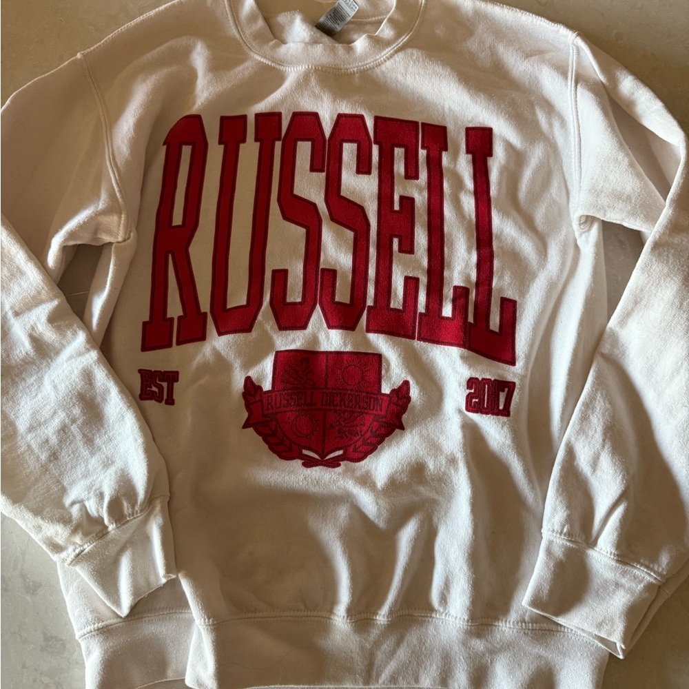 Russell Dickerson official merch  Athletic Men's White Sweater with Red Logo